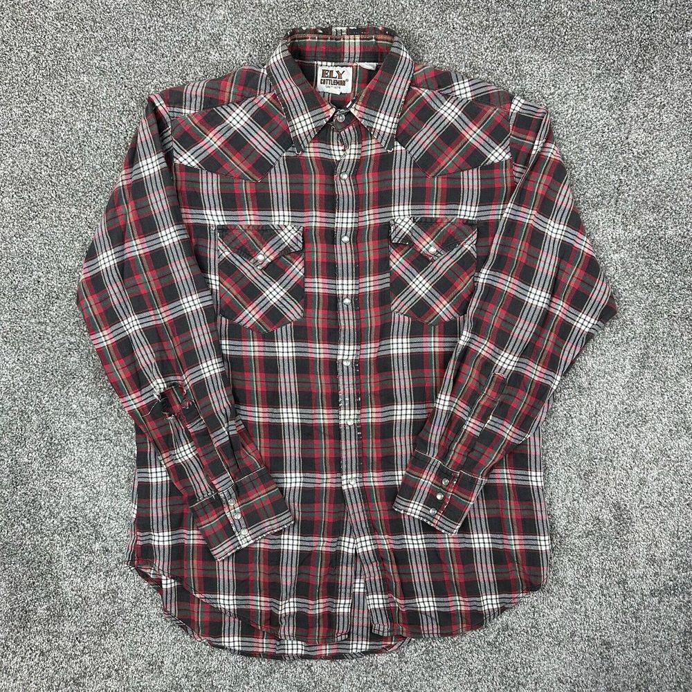 Ely Cattleman Shirt Mens Large Western Red Plaid Pearl Snap Button Long Sleeve‎